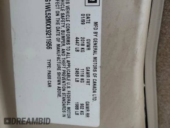 1999 Chevrolet Lumina z VIN 2G1WL52MXX9211956, wystawiony jako Copart lot #84266275 z przebiegiem 117 264 mil mil oraz Szkoda całkowita • Salvage title. Historia ofert i sprzedaży dostępna na DreamBid. Obrazek 12.