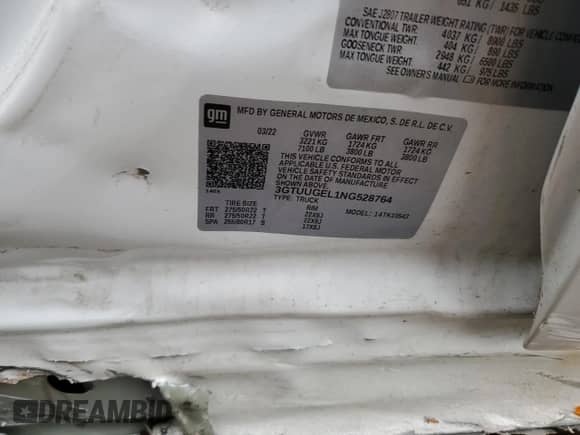 2022 GMC Sierra 1500 Denali z VIN 3GTUUGEL1NG528764, wystawiony jako Copart lot #50008095 z przebiegiem 43 855 mil mil oraz Szkoda całkowita • Salvage title. Historia ofert i sprzedaży dostępna na DreamBid. Obrazek 14.