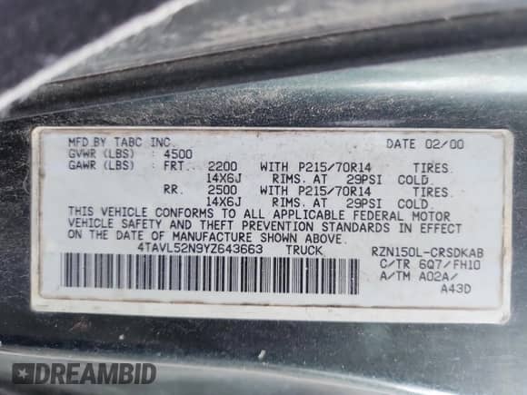 2000 Toyota Tacoma с VIN 4TAVL52N9YZ643663, выставлен на аукционе Copart как лот 82362055 с пробегом 299 059 миль миль и Списание • Salvage title. История ставок и продаж доступна на DreamBid. Изображение 12.