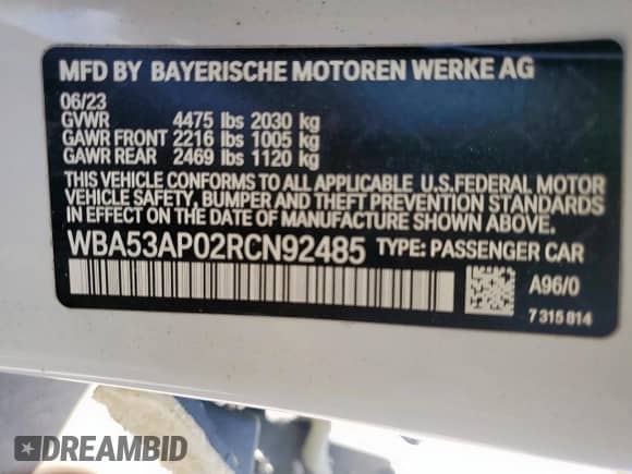 2024 BMW 4 Series 430i with VIN WBA53AP02RCN92485, listed as a Copart auction lot 57812695 with 23,143 mi miles and Salvage title. Bid and sale history available at DreamBid. Image 13.