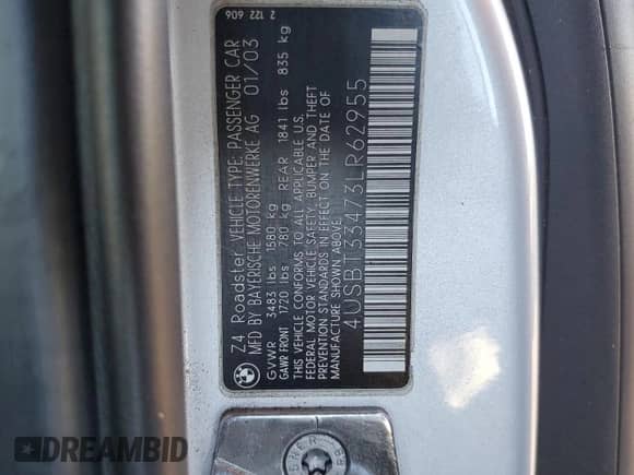 2003 BMW Z4 2.5i with VIN 4USBT33473LR62955, listed as a Copart auction lot 80346054 with 54,024 mi miles and Clean title. Bid and sale history available at DreamBid. Image 12.