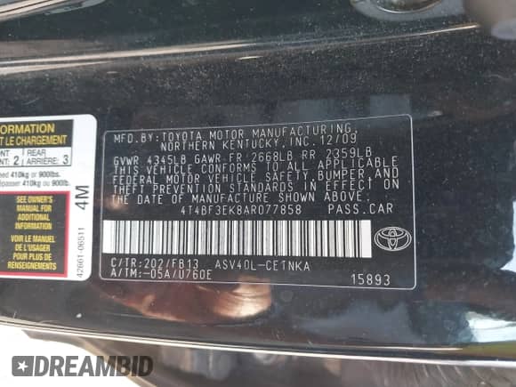 2010 Toyota Camry LE z VIN 4T4BF3EK8AR077858, wystawiony jako IAAI lot #43204574 z przebiegiem 102 122 mil mil oraz . Historia ofert i sprzedaży dostępna na DreamBid. Obrazek 9.