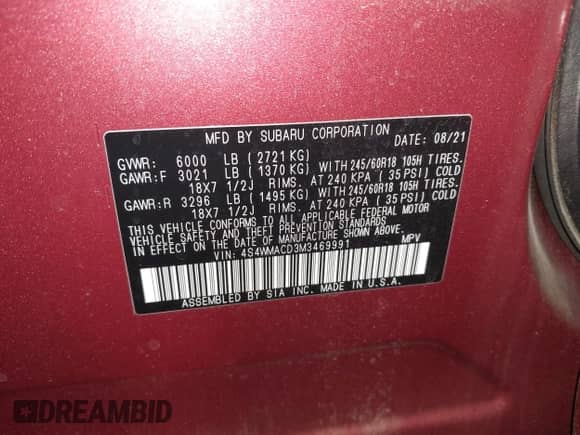 2021 Subaru Ascent Premium с VIN 4S4WMACD3M3469991, выставлен на аукционе IAAI как лот 42750127 с пробегом 34 543 миль миль и . История ставок и продаж доступна на DreamBid. Изображение 9.