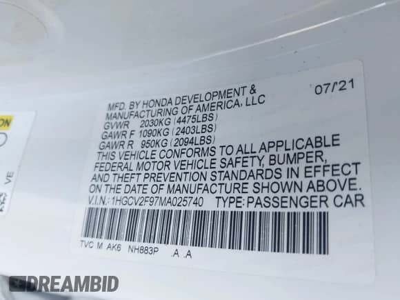 2021 Honda Accord Touring с VIN 1HGCV2F97MA025740, выставлен на аукционе IAAI как лот 43039210 с пробегом 20 945 миль миль и . История ставок и продаж доступна на DreamBid. Изображение 9.