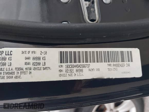 2010 Dodge Caliber Mainstreet with VIN 1B3CB3HA5AD566737, listed as a IAAI auction lot 42776203 with 108,857 mi miles and . Bid and sale history available at DreamBid. Image 9.