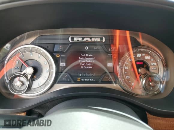 2019 Ram 1500 Longhorn with VIN 1C6SRFKT4KN908036, listed as a Copart auction lot 84884265 with 74,541 mi miles and Salvage title. Bid and sale history available at DreamBid. Image 9.