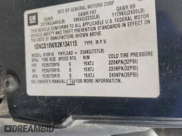 2002 Chevrolet Blazer LS с VIN 1GNCS18WX2K134115, выставлен на аукционе Copart как лот 70031785 с пробегом 179 669 миль миль и На запчасти • Non repairable. История ставок и продаж доступна на DreamBid. Изображение 14.