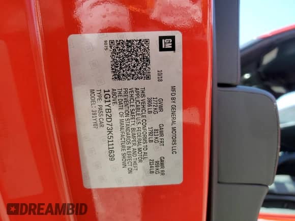 2019 Chevrolet Corvette 1LT с VIN 1G1YB2D73K5111639, выставлен на аукционе Copart как лот 50060404 с пробегом 24 787 миль миль и Списание • Salvage title. История ставок и продаж доступна на DreamBid. Изображение 12.