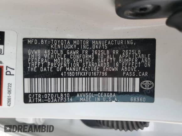 2015 Toyota Camry LE с VIN 4T1BD1FKXFU167796, выставлен на аукционе Copart как лот 70953095 с пробегом 128 819 миль миль и Списание • Salvage title. История ставок и продаж доступна на DreamBid. Изображение 12.