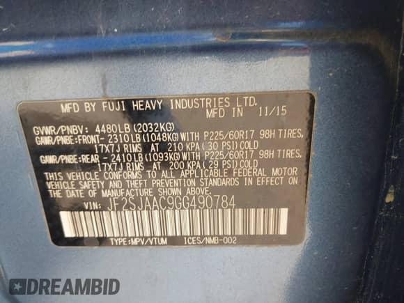 2016 Subaru Forester 2.5i with VIN JF2SJAAC9GG490784, listed as a IAAI auction lot 42845580 with 96,166 mi miles and . Bid and sale history available at DreamBid. Image 9.