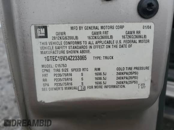 2004 GMC Sierra 1500 z VIN 1GTEC19V34Z233065, wystawiony jako Copart lot #44859005 z przebiegiem Nie podano mil oraz Szkoda całkowita • Salvage title. Historia ofert i sprzedaży dostępna na DreamBid. Obrazek 14.