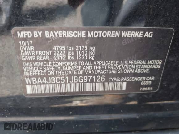2018 BMW 4 Series 430i xDrive with VIN WBA4J3C51JBG97126, listed as a IAAI auction lot 42893340 with 64,636 mi miles and . Bid and sale history available at DreamBid. Image 9.