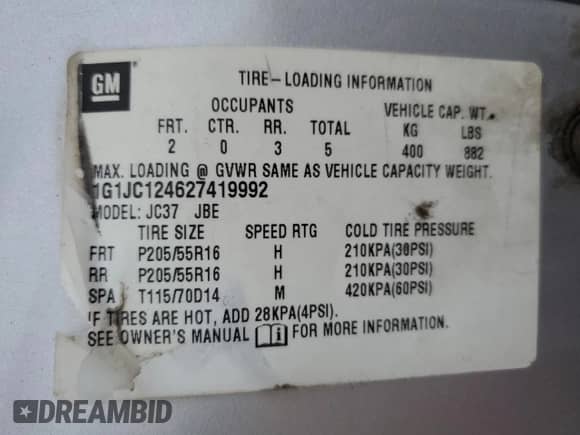2002 Chevrolet Cavalier с VIN 1G1JC124627419992, выставлен на аукционе Copart как лот 43608715 с пробегом 224 782 миль миль и Списание • Salvage title. История ставок и продаж доступна на DreamBid. Изображение 12.