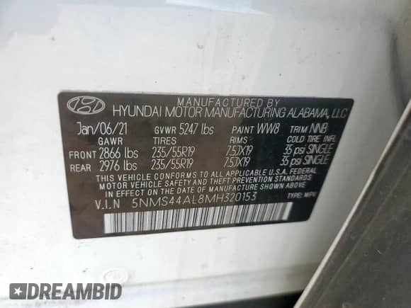 2021 Hyundai Santa Fe Limited with VIN 5NMS44AL8MH320153, listed as a Copart auction lot 66948455 with 39,567 mi miles and Salvage title. Bid and sale history available at DreamBid. Image 13.