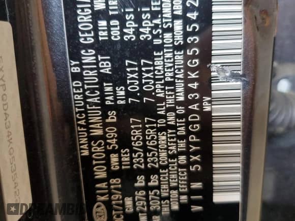 2019 Kia Sorento LX z VIN 5XYPGDA34KG535422, wystawiony jako Copart lot #85344885 z przebiegiem 72 724 mil mil oraz Szkoda całkowita • Salvage title. Historia ofert i sprzedaży dostępna na DreamBid. Obrazek 13.