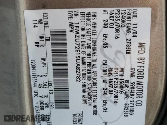 2005 Ford Explorer XLS with VIN 1FMZU72E15UA82782, listed as a Copart auction lot 59122054 with Not provided miles and Salvage title. Bid and sale history available at DreamBid. Image 12.