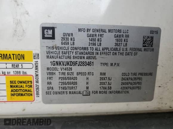 2015 Chevrolet Traverse LTZ с VIN 1GNKVJKD9FJ283461, выставлен на аукционе Copart как лот 53144645 с пробегом 160 924 миль миль и На запчасти • Non repairable. История ставок и продаж доступна на DreamBid. Изображение 13.