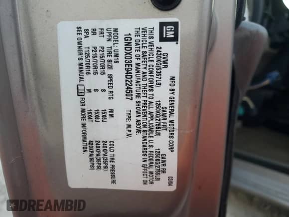 2004 Chevrolet Venture LS с VIN 1GNDX03E94D224507, выставлен на аукционе Copart как лот 75248174 с пробегом Не указан миль и Списание • Salvage title. История ставок и продаж доступна на DreamBid. Изображение 14.