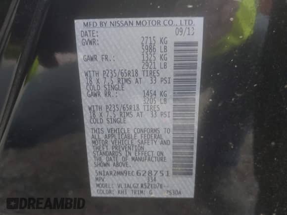 2014 Nissan Pathfinder S with VIN 5N1AR2MN9EC628751, listed as a IAAI auction lot 42258114 with 108,524 mi miles and . Bid and sale history available at DreamBid. Image 9.