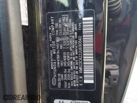 2018 Hyundai Tucson Value with VIN KM8J3CA22JU690840, listed as a Copart auction lot 64771605 with Not provided miles and Clean title. Bid and sale history available at DreamBid. Image 13.