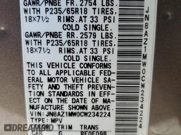 2012 Nissan Murano SL with VIN JN8AZ1MW0CW234224, listed as a Copart auction lot 80745805 with 112,639 mi miles and Salvage title. Bid and sale history available at DreamBid. Image 14.