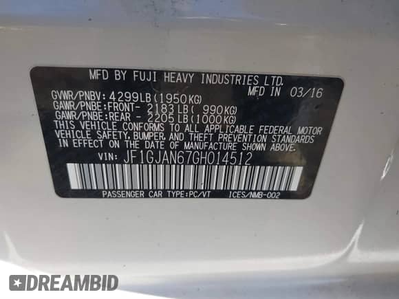 2016 Subaru Impreza Limited with VIN JF1GJAN67GH014512, listed as a IAAI auction lot 41822604 with 82,142 mi miles and . Bid and sale history available at DreamBid. Image 9.