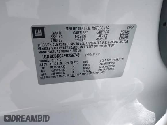 2015 Chevrolet Tahoe LT with VIN 1GNSCBKC4FR256740, listed as a IAAI auction lot 42942137 with 228,463 mi miles and . Bid and sale history available at DreamBid. Image 9.