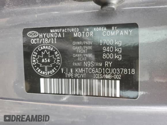 2012 Hyundai Veloster w/Red Int z VIN KMHTC6AD1CU037818, wystawiony jako Copart lot #69647765 z przebiegiem 305 408 mil mil oraz Szkoda całkowita • Salvage title. Historia ofert i sprzedaży dostępna na DreamBid. Obrazek 12.