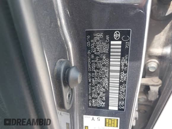 2016 Toyota Prius Two with VIN JTDKBRFU6G3011000, listed as a IAAI auction lot 42688589 with Not provided miles and . Bid and sale history available at DreamBid. Image 9.