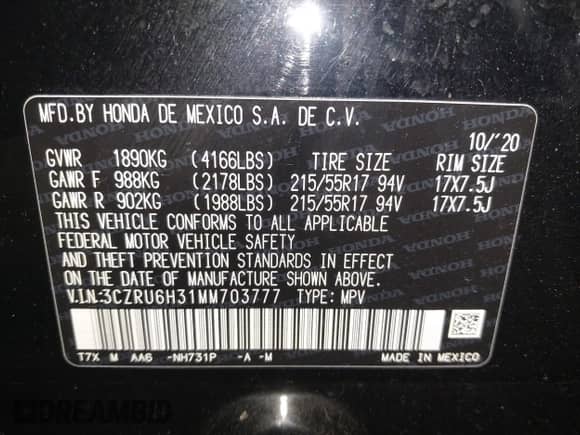2021 Honda HR-V LX с VIN 3CZRU6H31MM703777, выставлен на аукционе IAAI как лот 42158330 с пробегом 52 107 миль миль и . История ставок и продаж доступна на DreamBid. Изображение 9.