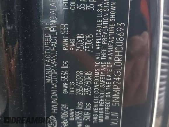 2024 Hyundai Santa Fe SEL с VIN 5NMP24GL0RH008693, выставлен на аукционе Copart как лот 85154244 с пробегом 4 727 миль миль и Списание • Salvage title. История ставок и продаж доступна на DreamBid. Изображение 13.