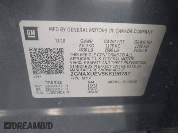 2019 Chevrolet Equinox LT с VIN 2GNAXUEV5K6196787, выставлен на аукционе IAAI как лот 43400091 с пробегом 86 787 миль миль и . История ставок и продаж доступна на DreamBid. Изображение 9.