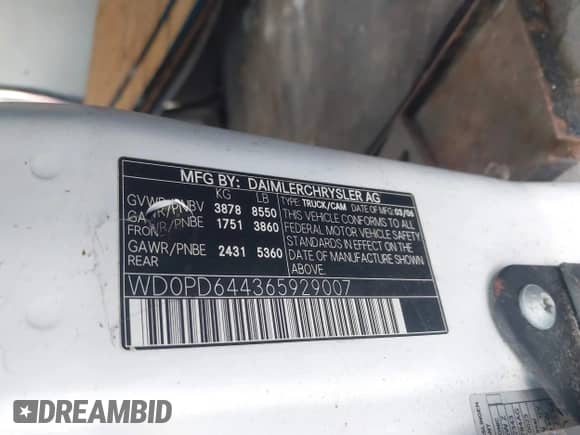 2006 Dodge Sprinter with VIN WD0PD644365929007, listed as a IAAI auction lot 41605041 with 221,956 mi miles and . Bid and sale history available at DreamBid. Image 9.