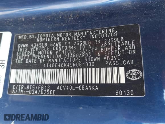 2009 Toyota Camry LE with VIN 4T4BE46K49R061000, listed as a IAAI auction lot 43454438 with 177,396 mi miles and . Bid and sale history available at DreamBid. Image 9.