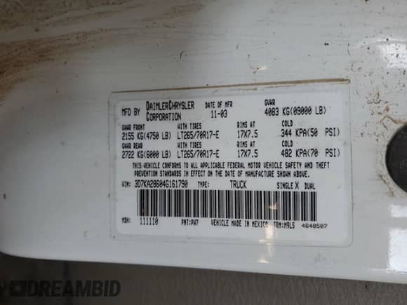 2004 Dodge 2500 SLT with VIN 3D7KA28604G161790, listed as a Copart auction lot 50090035 with Not provided miles and Salvage title. Bid and sale history available at DreamBid. Image 13.
