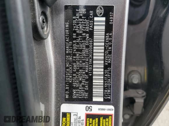 2019 Toyota Camry Hybrid LE с VIN 4T1B31HK3KU006667, выставлен на аукционе Copart как лот 80162455 с пробегом 81 491 миль миль и Списание • Salvage title. История ставок и продаж доступна на DreamBid. Изображение 12.