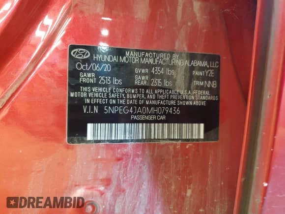 2021 Hyundai Sonata SE with VIN 5NPEG4JA0MH079436, listed as a Copart auction lot 70717575 with Not provided miles and Salvage title. Bid and sale history available at DreamBid. Image 12.