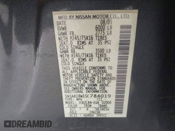 2005 Nissan Pathfinder SE z VIN 5N1AR18W15C784019, wystawiony jako IAAI lot #42564439 z przebiegiem 280 339 mil mil oraz . Historia ofert i sprzedaży dostępna na DreamBid. Obrazek 9.