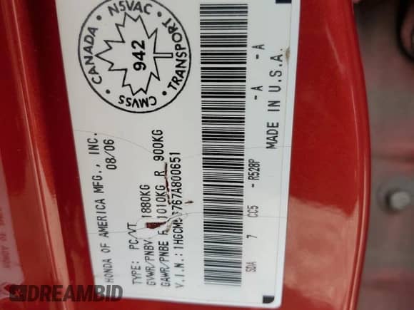 2007 Honda Accord EX with VIN 1HGCM56767A800651, listed as a Copart auction lot 56841445 with 290,900 mi miles and Clean title. Bid and sale history available at DreamBid. Image 13.