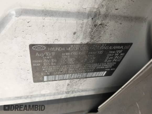 2020 Hyundai Santa Fe Limited with VIN 5NMS53AA1LH167863, listed as a IAAI auction lot 42054924 with 52,880 mi miles and . Bid and sale history available at DreamBid. Image 9.