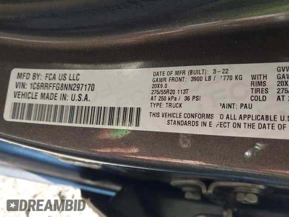 2022 Ram 1500 Big Horn z VIN 1C6RRFFG8NN297170, wystawiony jako IAAI lot #43198362 z przebiegiem 83 942 mil mil oraz . Historia ofert i sprzedaży dostępna na DreamBid. Obrazek 9.