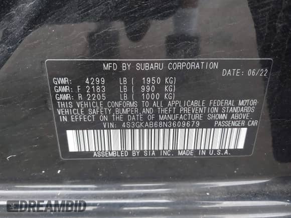 2022 Subaru Impreza with VIN 4S3GKAB68N3609679, listed as a IAAI auction lot 42602123 with 29,889 mi miles and . Bid and sale history available at DreamBid. Image 9.