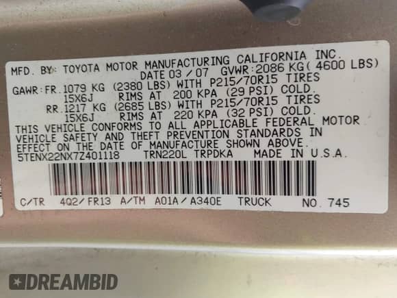 2007 Toyota Tacoma with VIN 5TENX22NX7Z401118, listed as a IAAI auction lot 43560235 with 335,737 mi miles and . Bid and sale history available at DreamBid. Image 9.