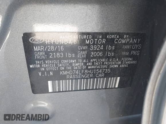 2017 Hyundai Elantra SE with VIN KMHD74LF8HU154735, listed as a IAAI auction lot 43436864 with 131,534 mi miles and . Bid and sale history available at DreamBid. Image 9.