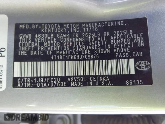 2017 Toyota Camry LE with VIN 4T1BF1FK6HU709876, listed as a IAAI auction lot 43453422 with Not provided miles and . Bid and sale history available at DreamBid. Image 9.