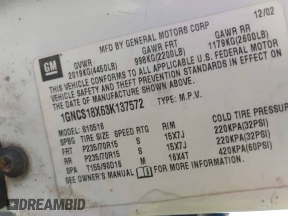 2003 Chevrolet Blazer Xtreme with VIN 1GNCS18X63K137572, listed as a IAAI auction lot 43511000 with 130,937 mi miles and . Bid and sale history available at DreamBid. Image 9.