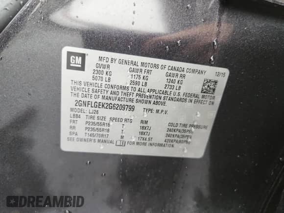 2016 Chevrolet Equinox LTZ z VIN 2GNFLGEK2G6209799, wystawiony jako Copart lot #84542185 z przebiegiem 108 225 mil mil oraz Szkoda całkowita • Salvage title. Historia ofert i sprzedaży dostępna na DreamBid. Obrazek 12.