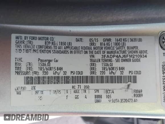 2015 Ford Fiesta S with VIN 3FADP4AJ6FM210934, listed as a IAAI auction lot 43434407 with 96,225 mi miles and . Bid and sale history available at DreamBid. Image 9.
