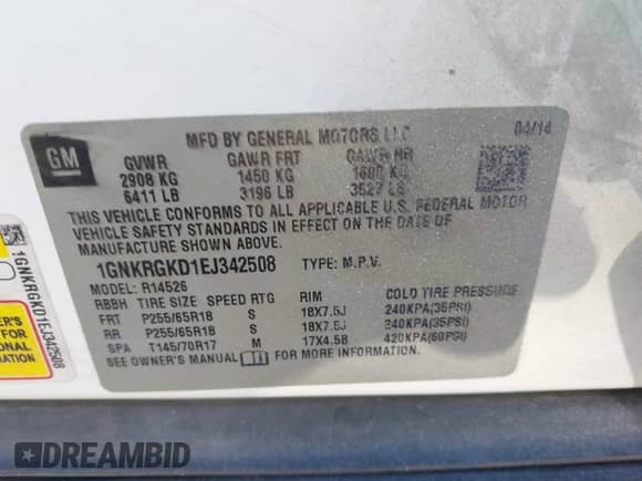 2014 Chevrolet Traverse LT with VIN 1GNKRGKD1EJ342508, listed as a IAAI auction lot 43434525 with 169,068 mi miles and . Bid and sale history available at DreamBid. Image 9.