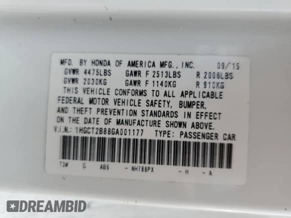 2016 Honda Accord EX-L with VIN 1HGCT2B88GA001177, listed as a Copart auction lot 67475615 with Not provided miles and Salvage title. Bid and sale history available at DreamBid. Image 12.